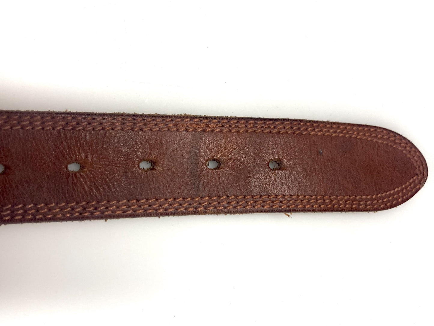 80s vintage jeans or trousers belt with brass buckle. Tan brown substantial single cut genuine leather construction with triple stitching