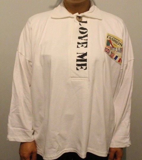 80s Vintage oversized polo shirt with 'LOVE ME' graphic print. Crop sleeve jumper. Unisex sweatshirt. Fashion grail sweater. NOS pullover
