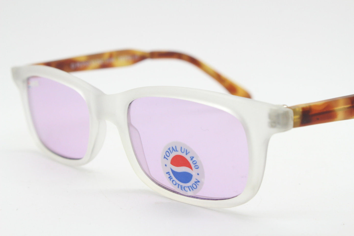 Pepsi 90s vintage sunglasses. Low profile rectangular frosted frame with tortoise arms and extra light tone purple lenses. Unused NOS