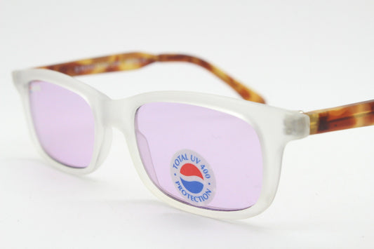 Pepsi 90s vintage sunglasses. Low profile rectangular frosted frame with tortoise arms and extra light tone purple lenses. Unused NOS