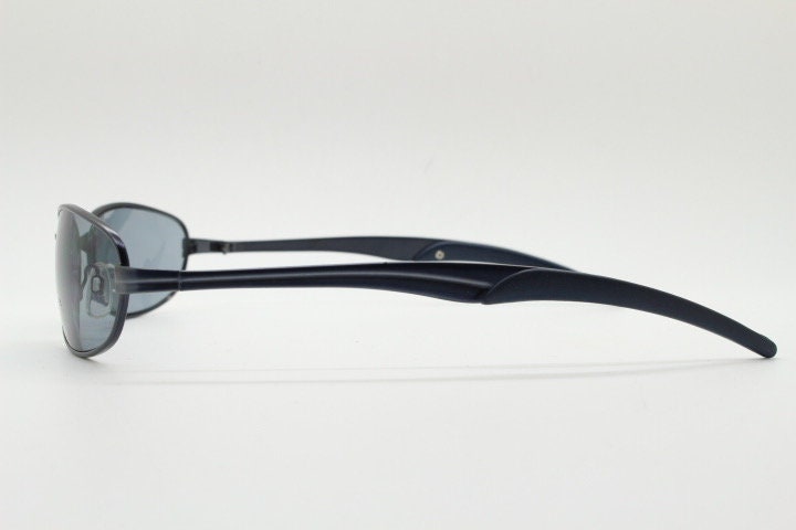 90s vintage oval small bug eye sunglasses. Curved grey satin finish solid metal frame. Rave. Steampunk. Unused NOS