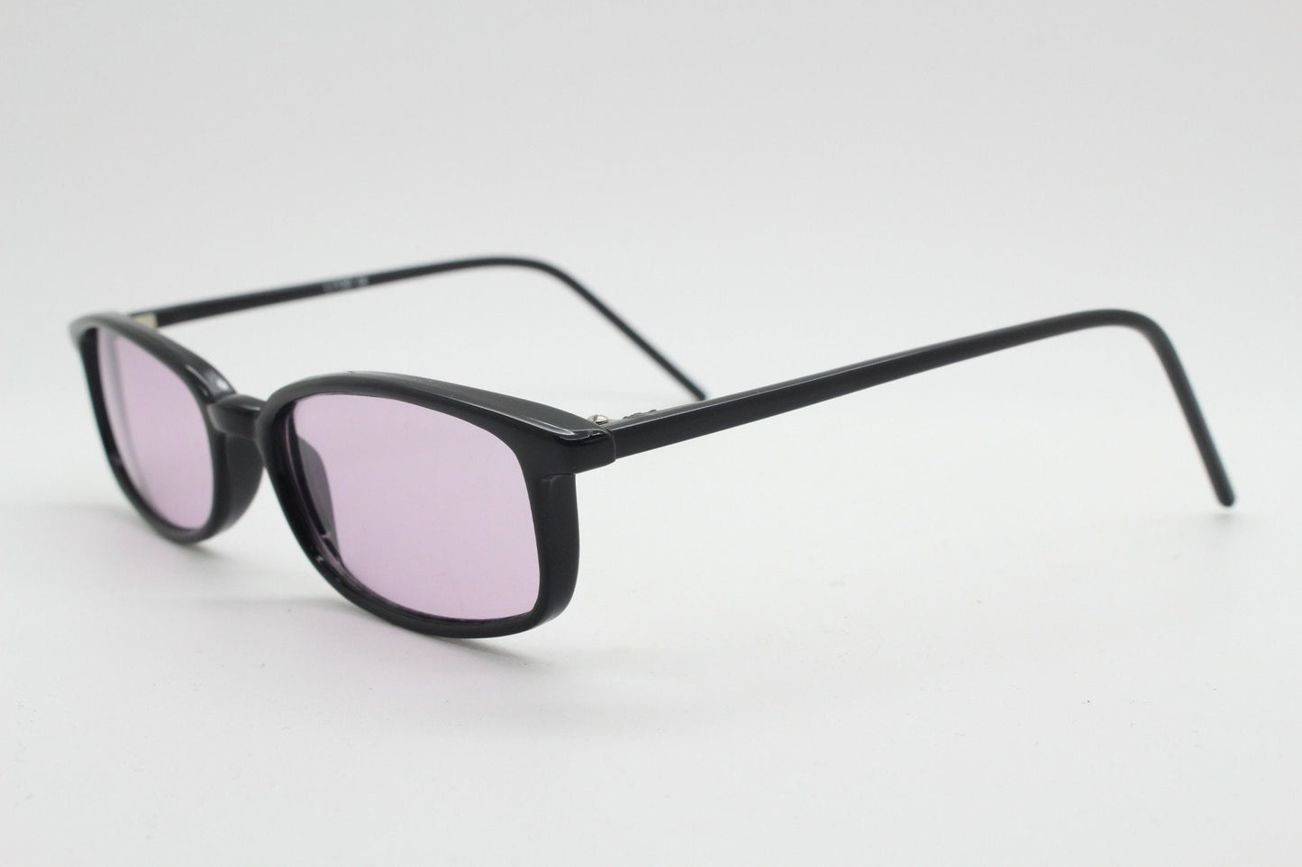 90s vintage rectangular sunglasses. Slim low profile black gloss frame with extra light tone lilac purple lenses. Y2K 2000s. BNWT Unused NOS