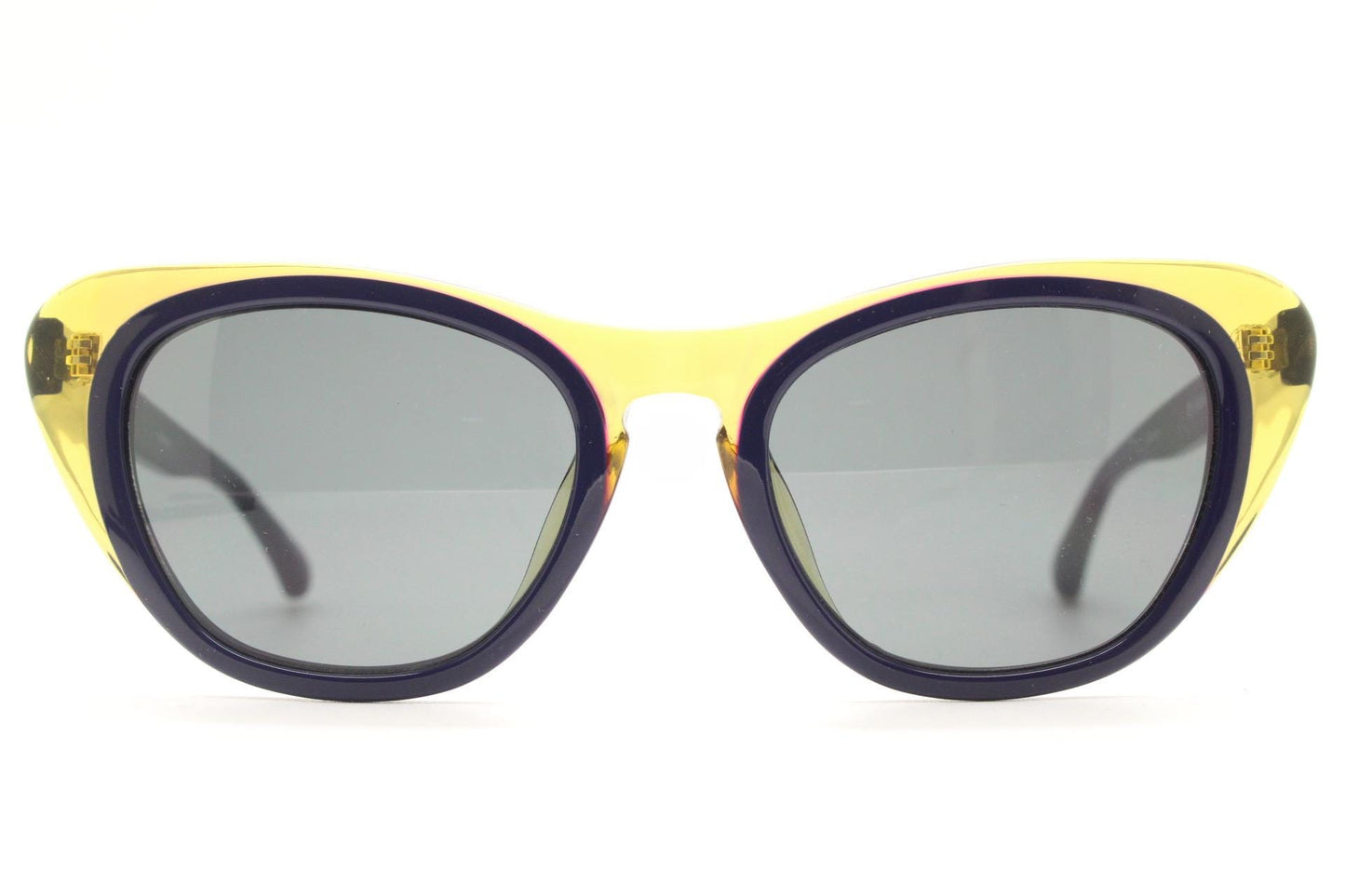 Linda Farrow cat eye sunglasses made in Japan by Erdem. Black with transparent amber outline. Luxe Gallery Projects Vintage. NOS Full Set