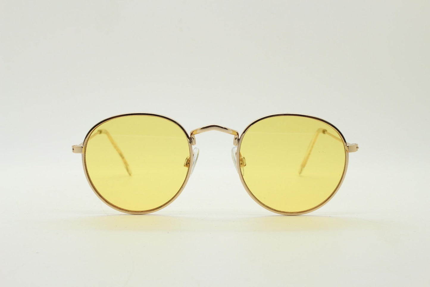 90s vintage round metal sunglasses, Classical 1930s design gold frame with blazing canary yellow lenses. Unused. NOS. Panto