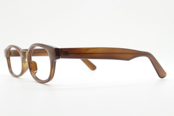 90s vintage rectangular low profile eye glasses. Transparent brown optical frames. Prescription eyeglasses. RX Spectacles. Quality NOS