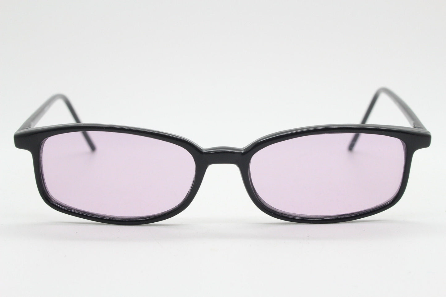 90s vintage rectangular sunglasses. Slim low profile black gloss frame with extra light tone lilac purple lenses. Y2K 2000s. BNWT Unused NOS