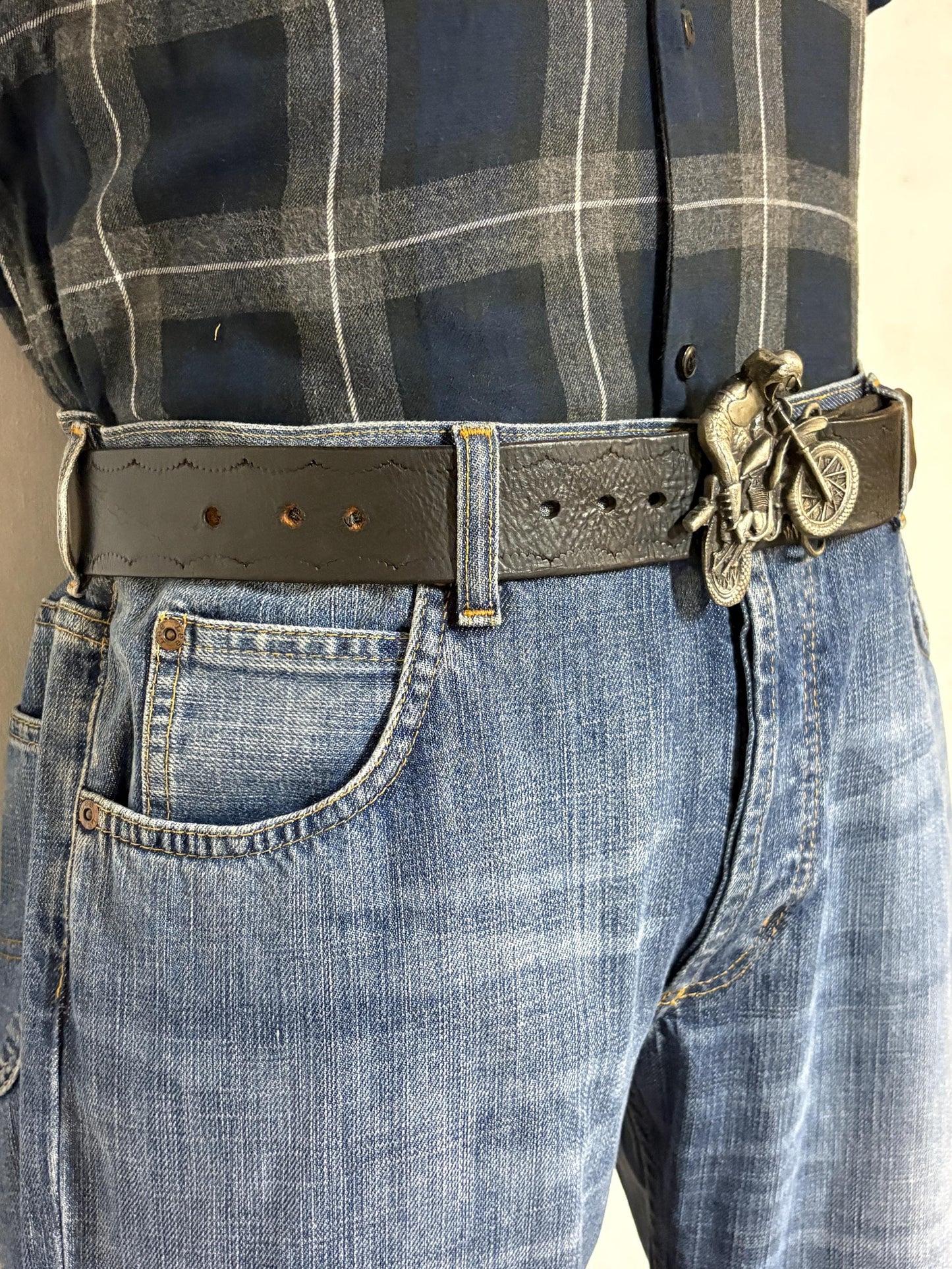 70s vintage Bergamot brass works 3D motorbike rider buckle on black genuine leather textured and embossed changeable belt. Moto X scrambler