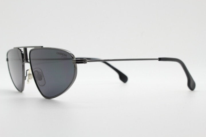 Carrera 90s vintage triangular aviator sunglasses model 1021/S. Gunmetal grey chrome flat top metal frame aviators with black lenses