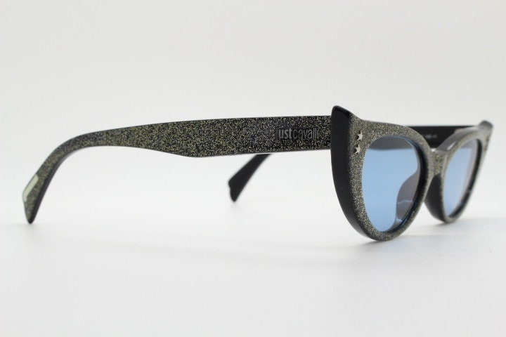 Just Cavalli vintage pointed cat eye sunglasses. Intense silver glitter 50s design bad girl acetate cateye. NOS. Rockabilly pin up