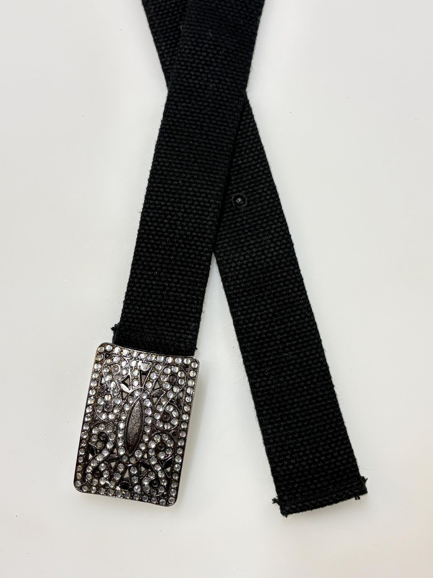 Y2K vintage canvas black army style belt with gunmetal grey buckle with ornate diamante pattern. 2000s ice bling. Rhinestone. Unused NOS
