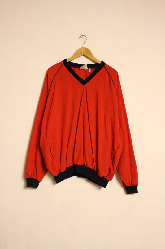 Vintage 80s oversized v neck pullover. Made in England. Bright red baggy football style unisex top. Club kids jumper. Rave