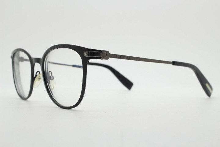 Trussardi modified cat eye glasses model VTR023. Womens flat black and gunmetal grey optical frame. Prescription. Vintage spectacles