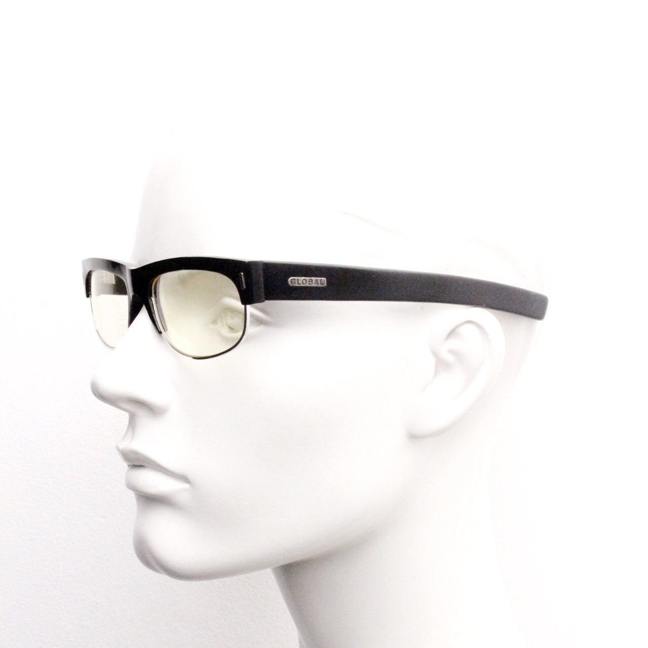 90s vintage half frame glasses. Black gloss low profile flat top design with straight arms and clear lenses. Unused NOS