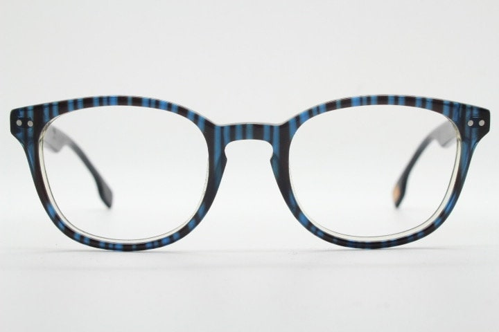 Boss Orange vintage wayfarer shape eye glasses. Black and navy striped optical frames with keyhole bridge. Prescription eyeglasses. RX  Hugo