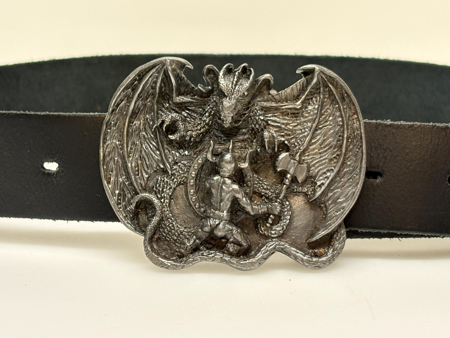 Bergamot brass works 1982 vintage 3D Beowulf and the dragon buckle on black genuine leather  changeable belt. Mythical fantasy. 80s