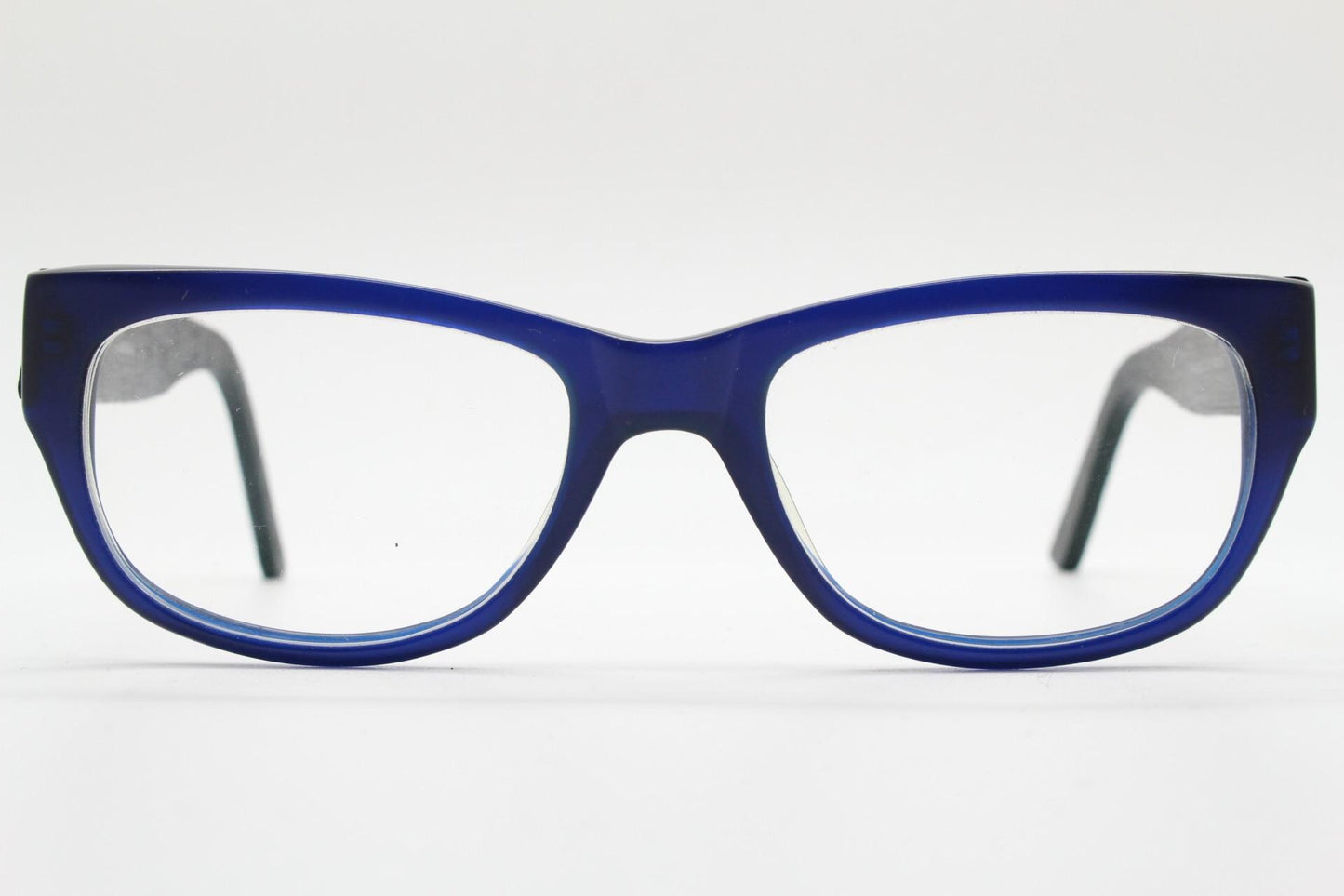 Chunky frame modified cat eye glasses. Superior quality optical eyeglasses. Deep blue front with wood look arms. Prescription RX Spectacles