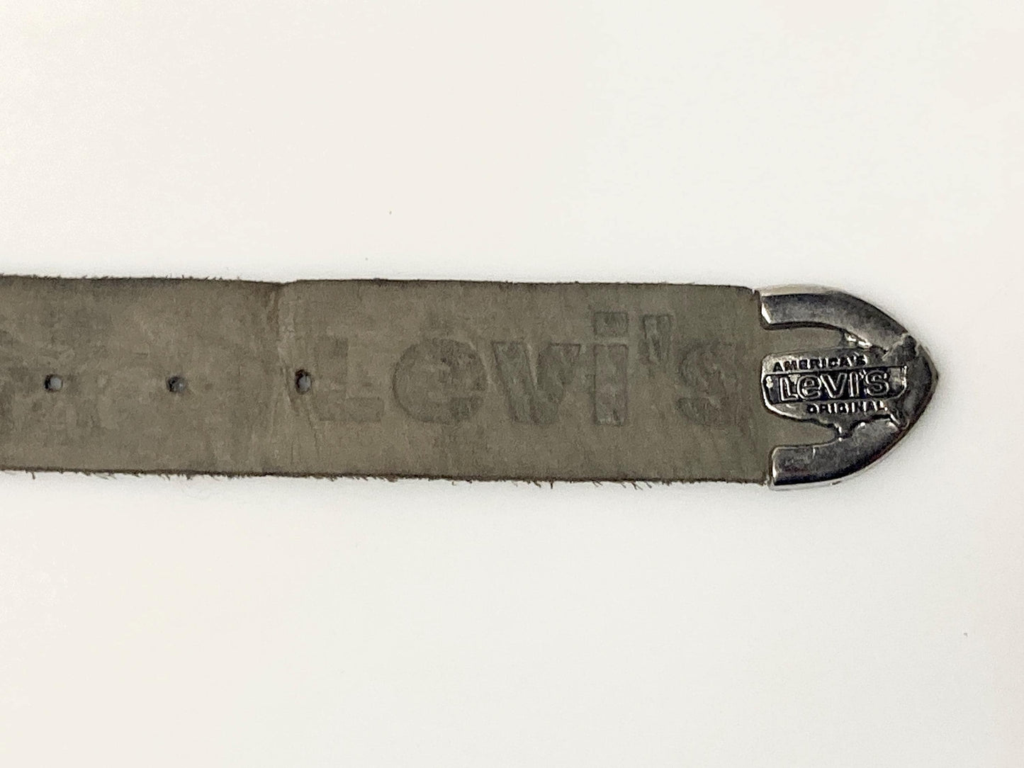 Levi's 80s vintage thick grey genuine leather belt for jeans with detailed buckle and numerous traditional cute logo's stamped all along