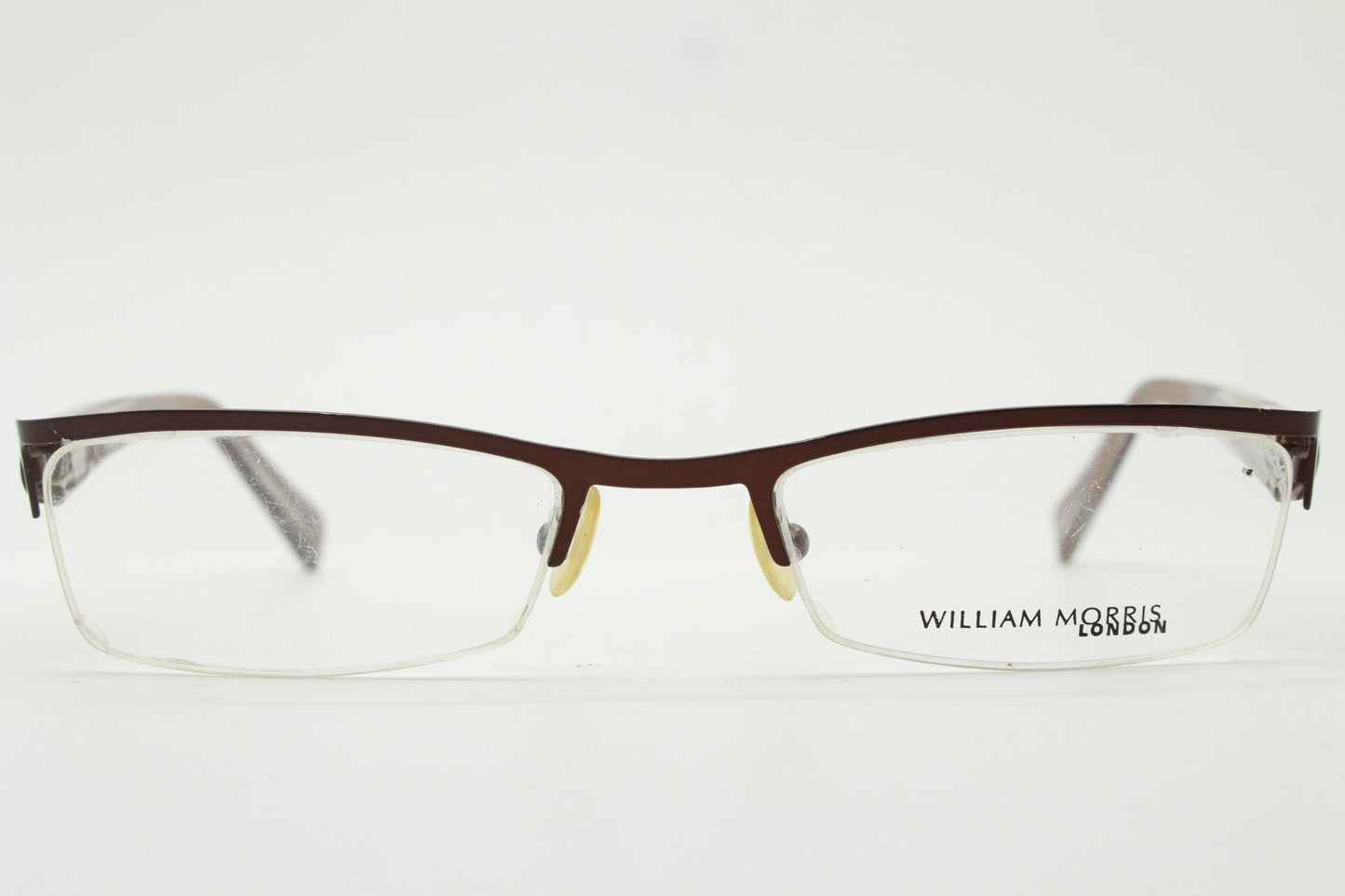 William Morris vintage rectangular eye glasses. Brown metallic brow line half frame with layered acetate arms. Prescription optical RX. NOS