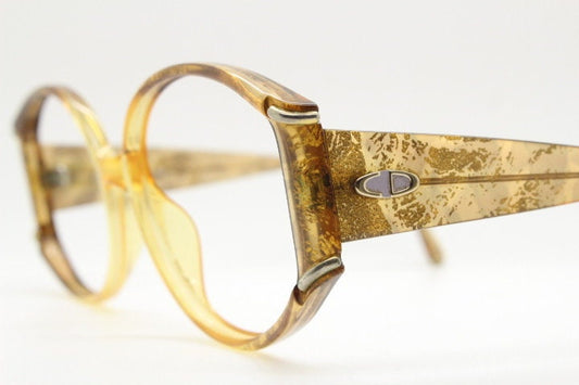 Christian Dior 70s vintage round eye glasses. Transparent honey colour optical frame with abstract gold sparkle patterns. Prescription RX