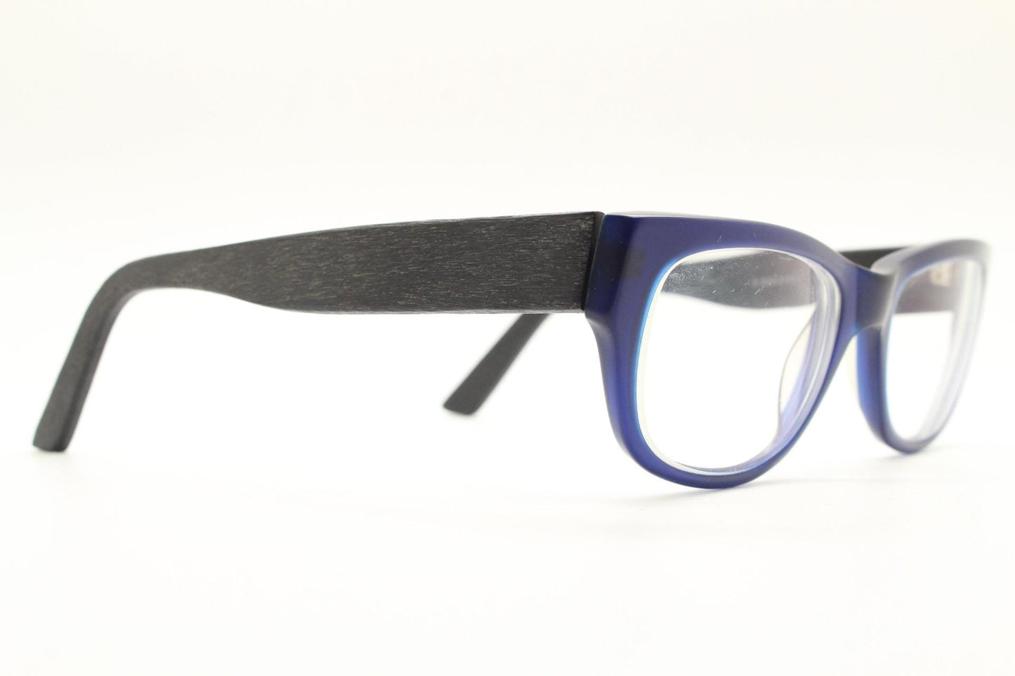 Chunky frame modified cat eye glasses. Superior quality optical eyeglasses. Deep blue front with wood look arms. Prescription RX Spectacles