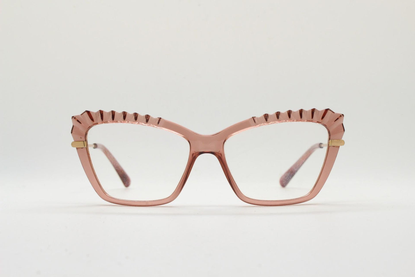 Incredible spiky pointed cat eye glasses. Transparent pink cateye optical frame with slender golden arms. Vintage Prescription RX Spectacles