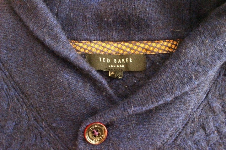 Ted Baker knit shawl collar jumper with cross weave panel. Mens dark blue fitted golf design pullover in luxury alpaca. Vintage sweater