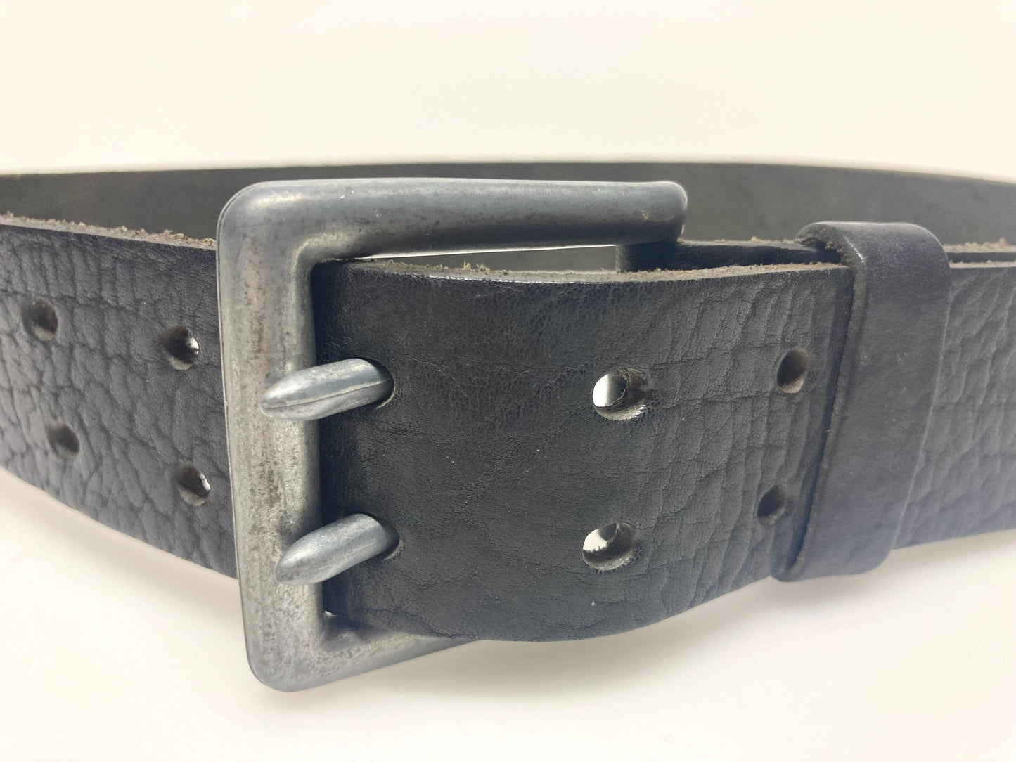 90s vintage heavy duty black genuine leather belt with distressed steel buckle by Mexx. Full grain original finish cowhide. NOS