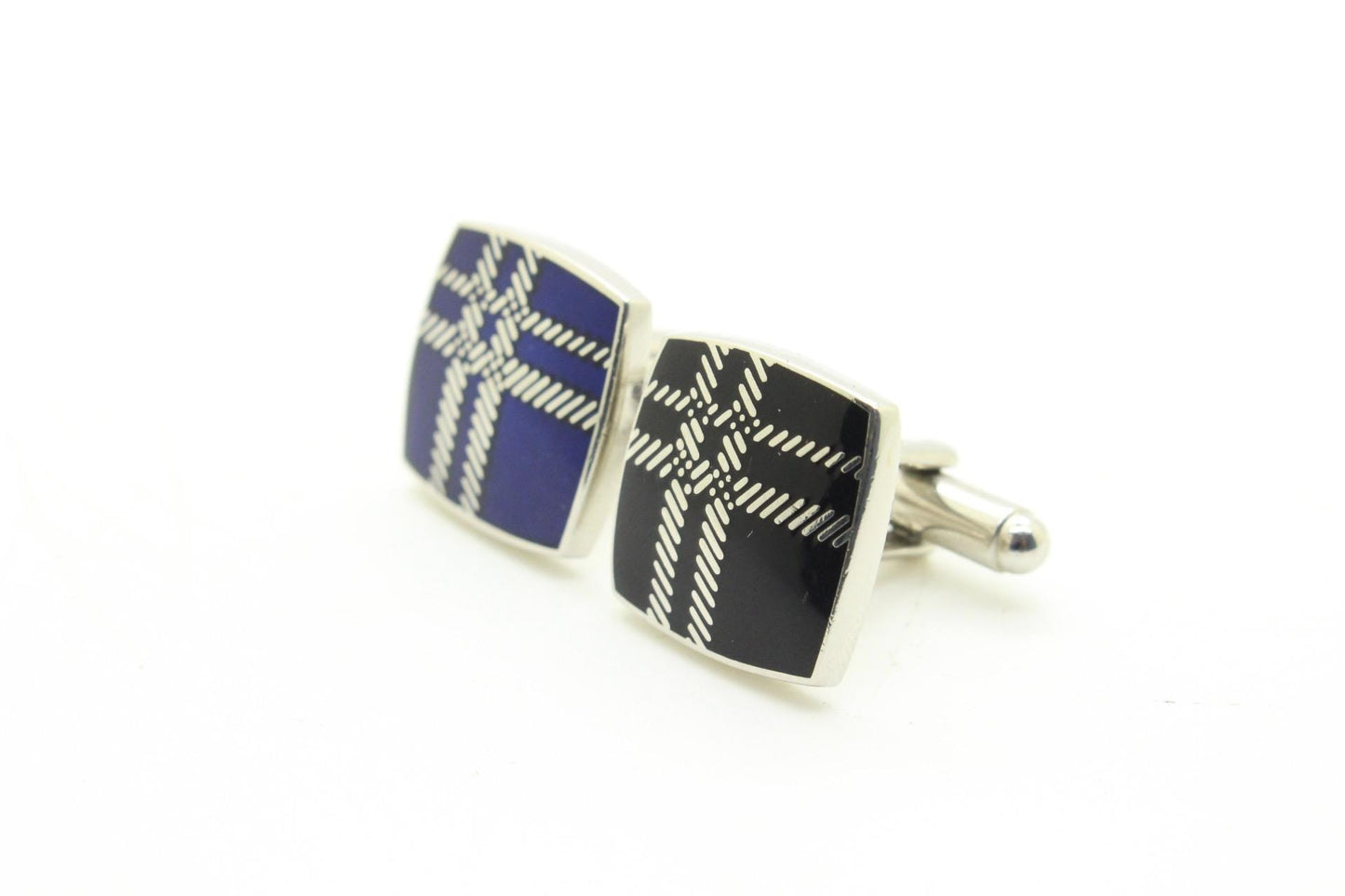 Burberry vintage square cuff links made in England with signature house check. Solid metal with blue on one side, black on the other. NOS
