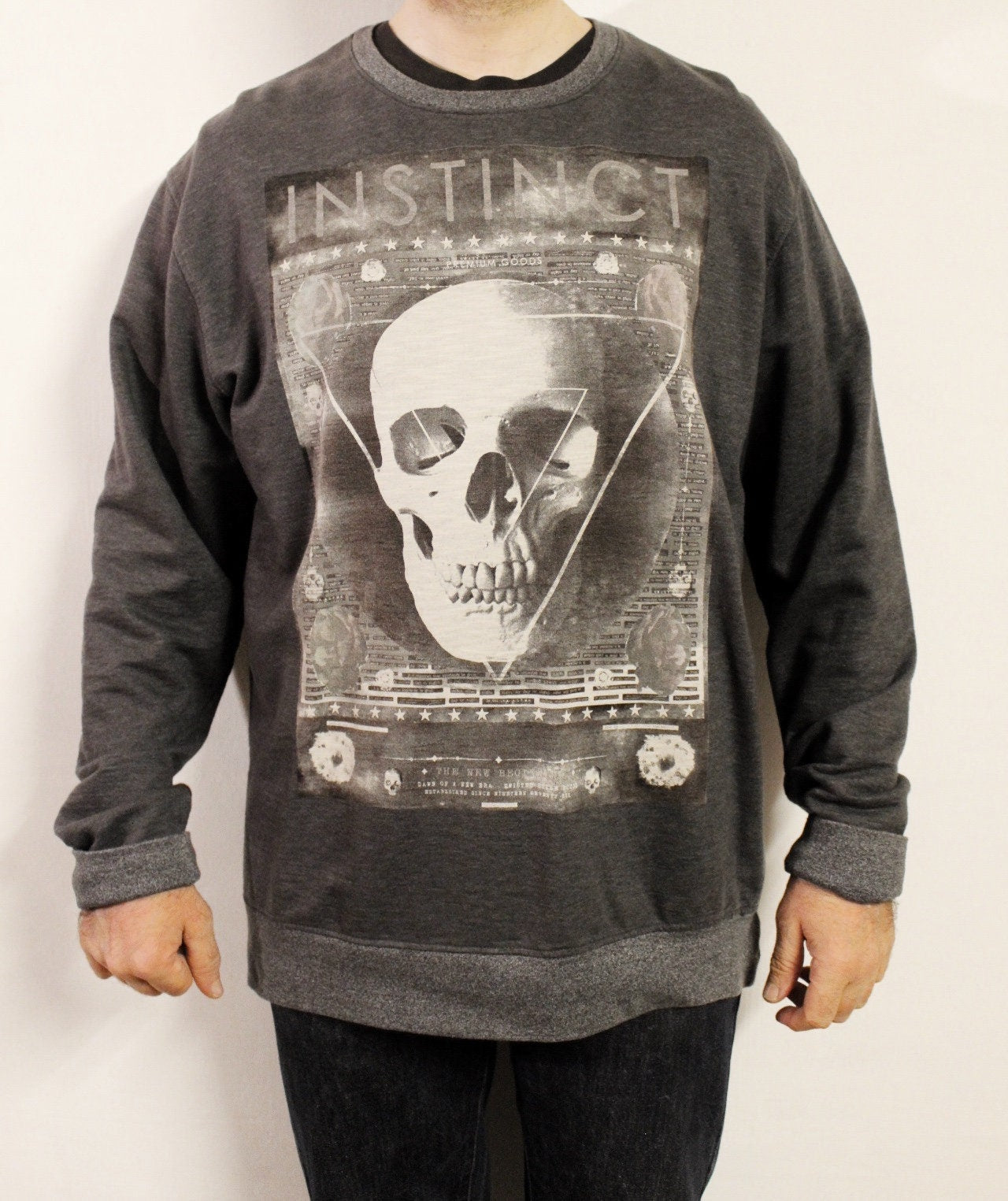 Vintage dark and light grey sweatshirt. Mens crew neck pullover with abstract skull print. Round neck jumper top