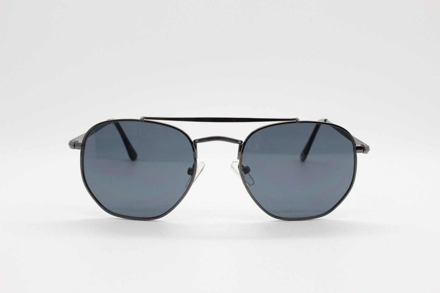 90s vintage modified aviator sunglasses, 6 sided soft angled metal frame in gunmetal with double bridge. Unused small aviators BNWT