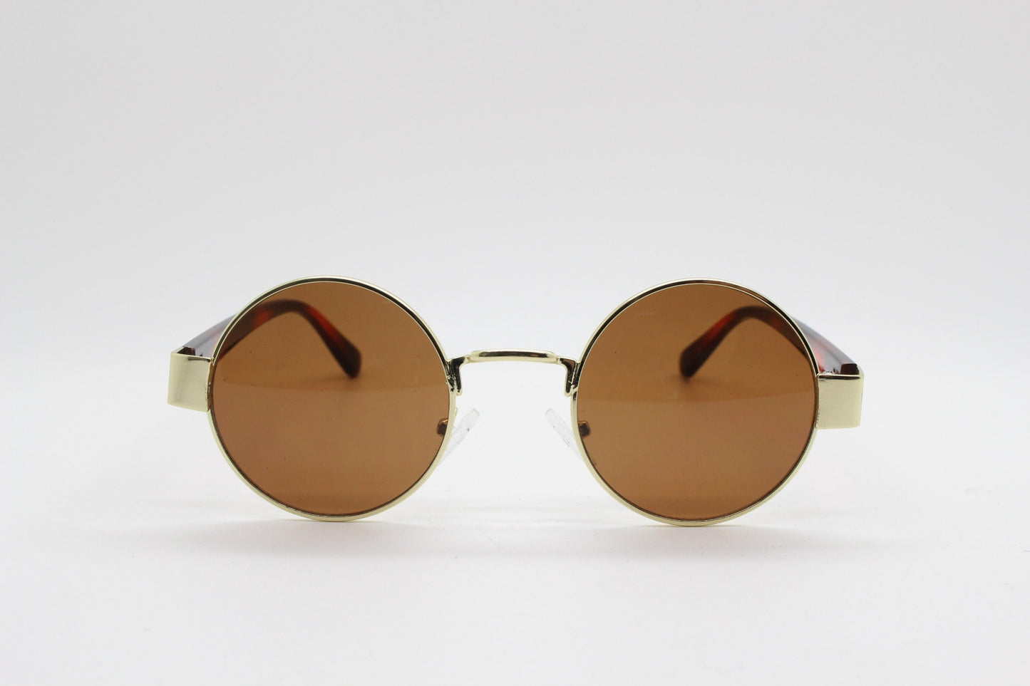 90s round vintage sunglasses. Gold 1920's style frame with tiger pattern arms and brown lenses. Unused. BNWT