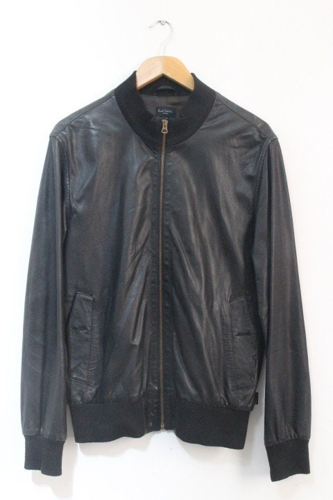 Paul Smith high collar bomber jacket. Plain black lambskin minimal flap pocket mens zipper. Ribbed collar. Size Medium
