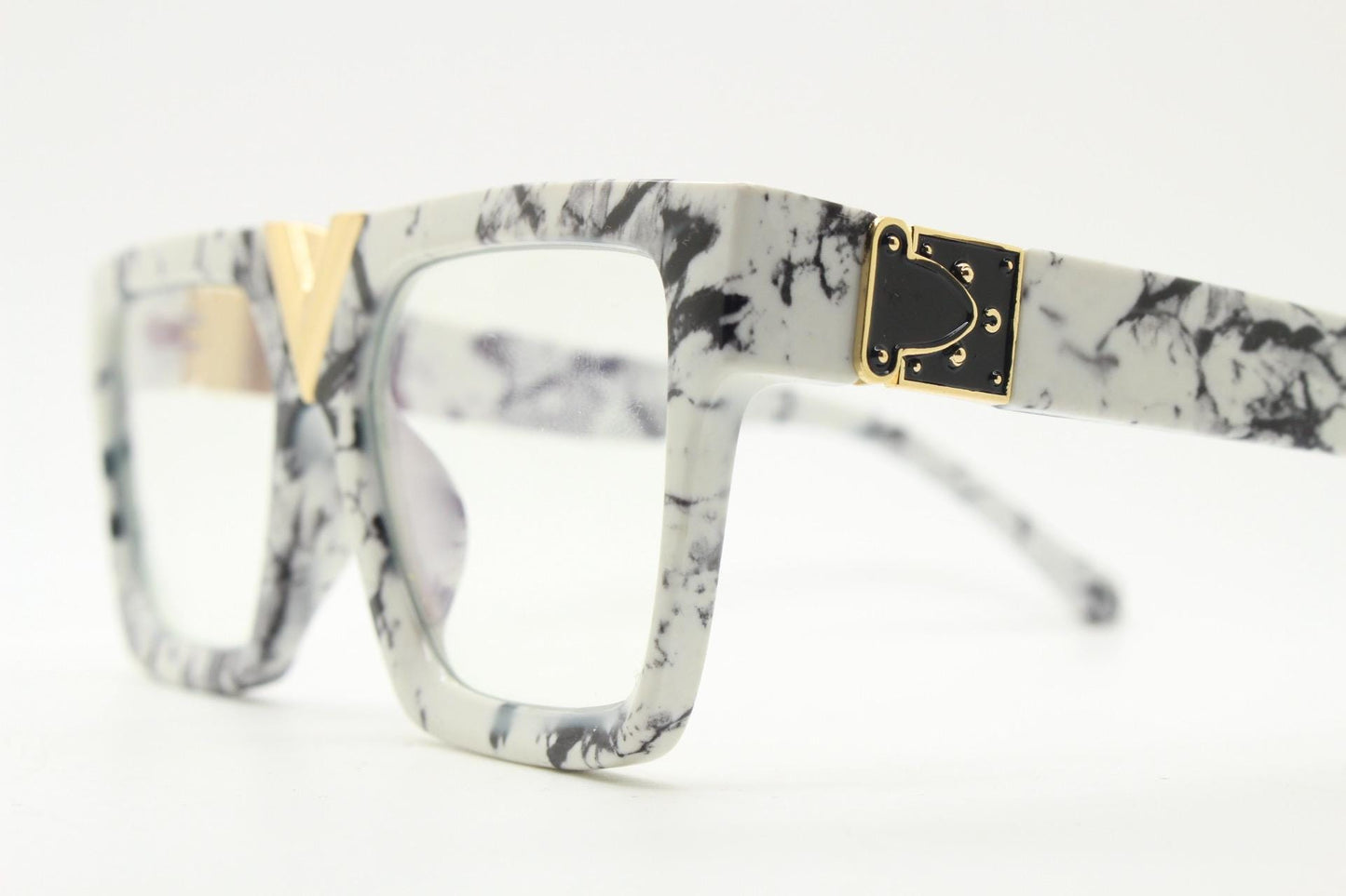 White marble flat top oversized eye glasses. Extreme fashion statement chunky optical frame with V bridge. Prescription. Vintage. RX  NOS