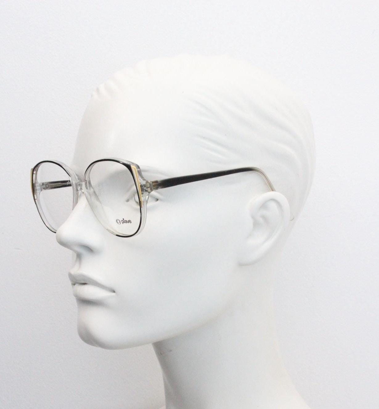 Piave 80s vintage oversized round cat eye glasses. Transparent clear optical frame with black and white overlay. Prescription NOS cateye