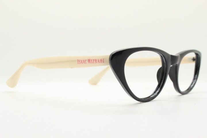 Isaac Mizrahi vintage cat eye glasses. Womens black gloss cateye optical frames with beige arms. Prescription RX eyeglasses. NOS spectacles