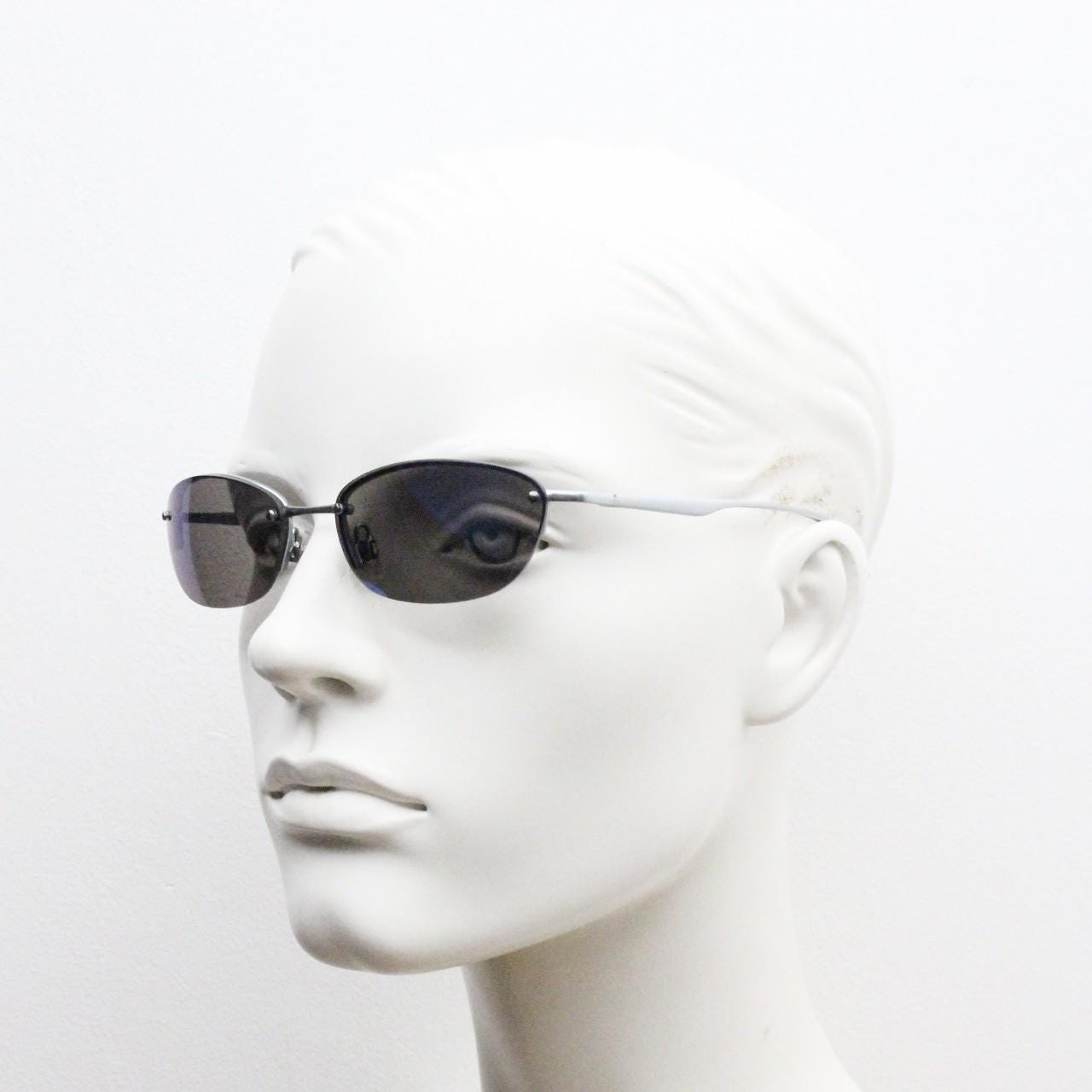 90s vintage small bug eye oval sunglasses. Minimal silver satin finish solid metal half frame with blue mirror lenses. Y2K.  NOS sample