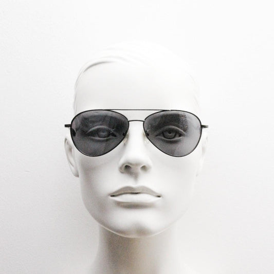 90s vintage small sized aviator sunglasses. Grey chrome metal frame with slightly mirror glazed lenses. Teardrop aviators. Pilot. Unused NOS
