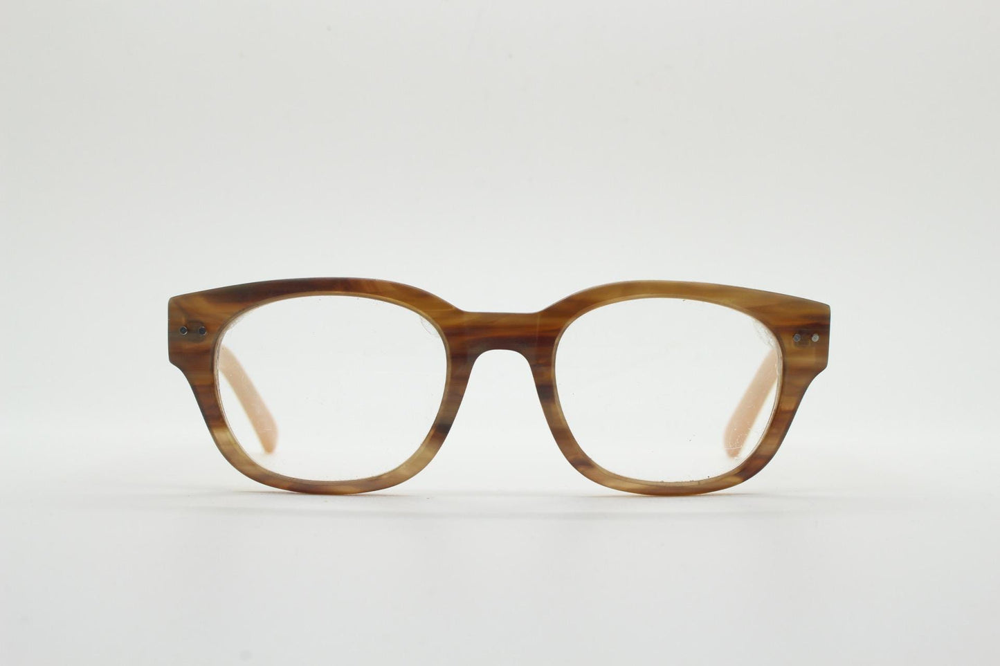 Thick frame rectangular eye glasses. Superior quality transparent brown gloss acetate optical frames with beige arms.  Prescription vintage