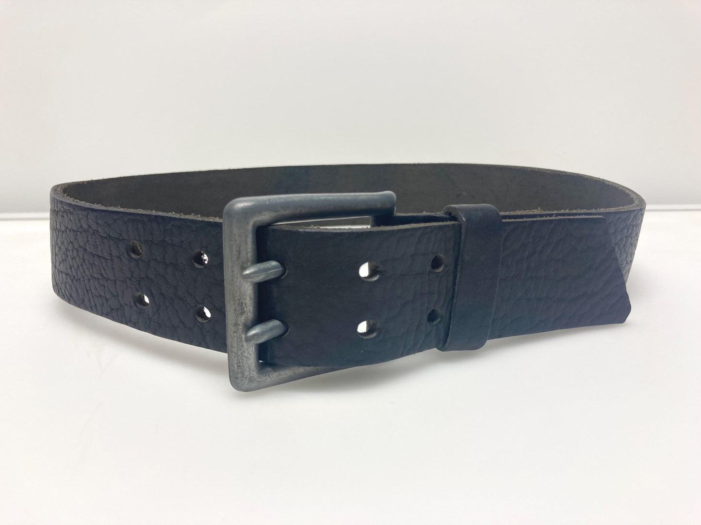 90s vintage heavy duty black genuine leather belt with distressed steel buckle by Mexx. Full grain original finish cowhide. NOS