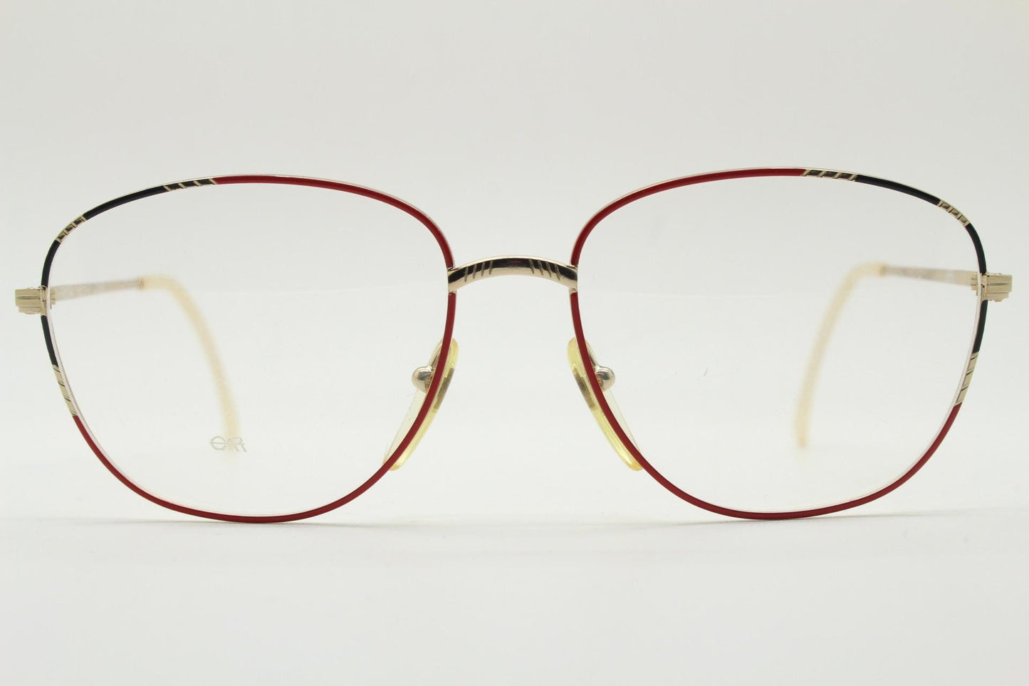 80s vintage slender gold metal frame eye glasses. Straightforward design with red and black highlights. Optical frame. Prescription. 90s NOS