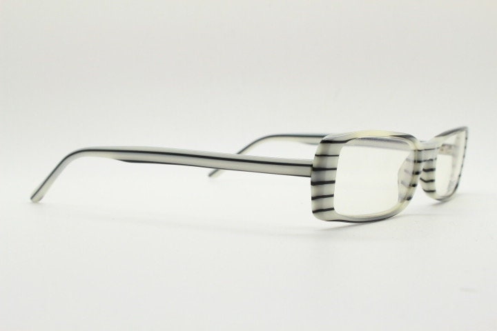Berkeley & Son London rectangular90s vintage eye glasses. Black and white horizontal striped acetate optical frame. Prescription RX