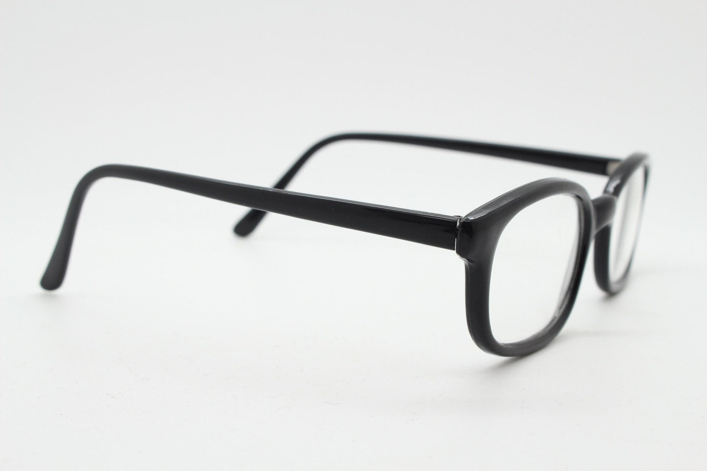 80s vintage low profile wayfarer style glasses. Black acetate optical frames with clear lenses. Prescription eyeglasses. RX Spectacles. NOS