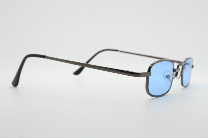 90s vintage small rectangular sunglasses. Imposing minimal gunmetal grey victorian style frame with sky blue lenses. Steampunk. Unused NOS
