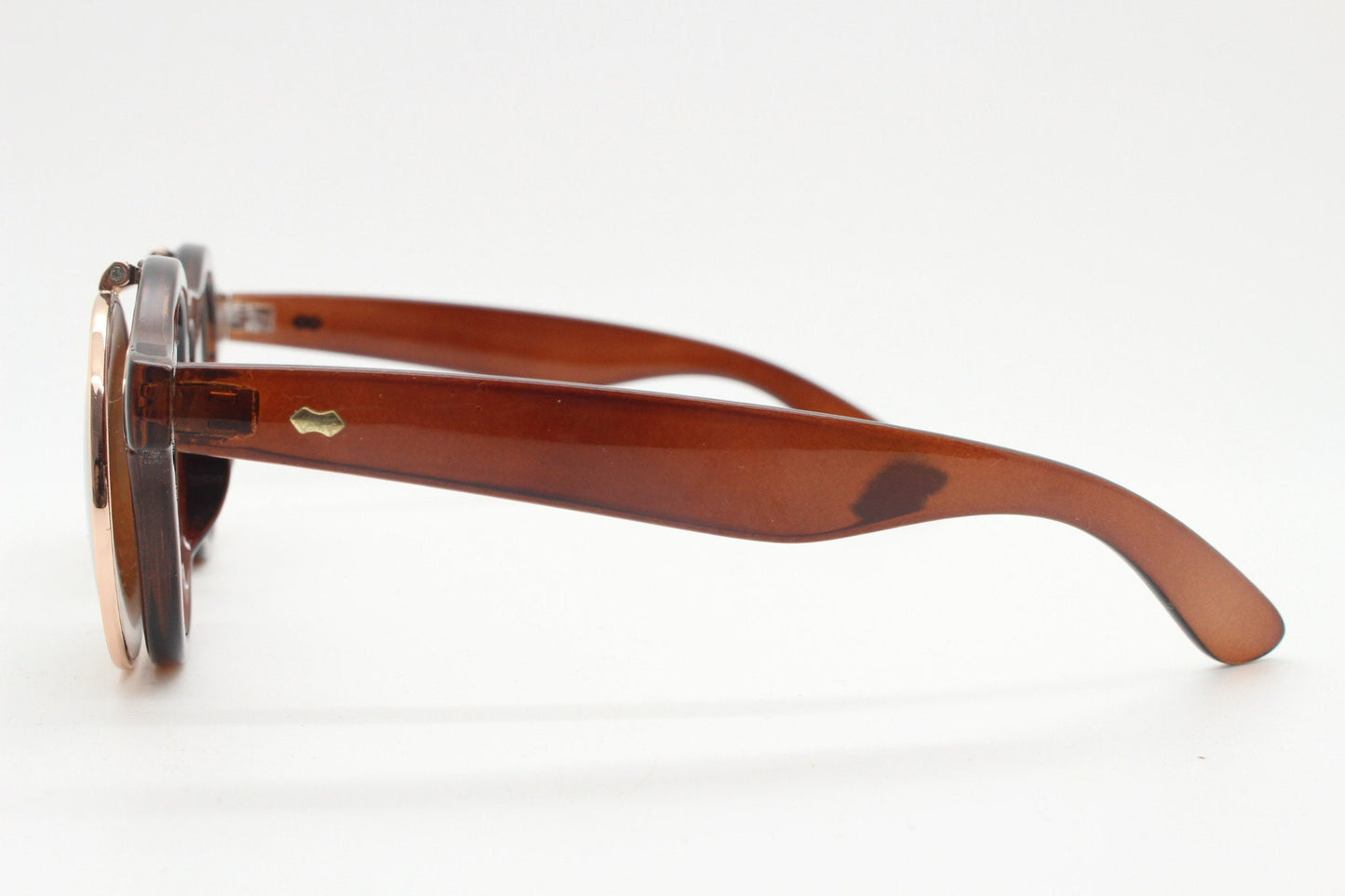 Vintage 90s round flipper sunglasses. 30s style brown frame with clear lenses and flip up sunglasses visor. BNWT unused