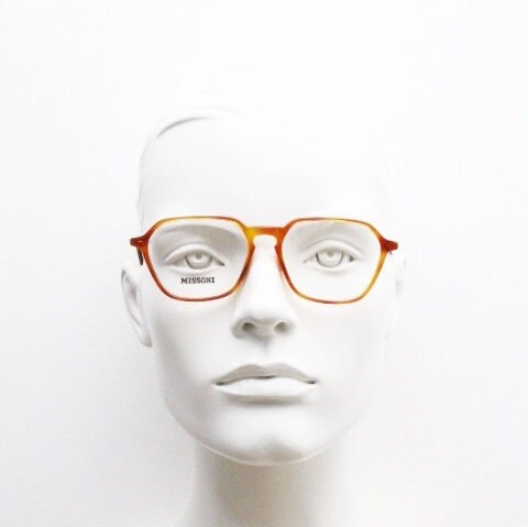 Missoni 90s vintage square hexagon eye glasses made in Italy. Transparent brown optical frames with enamel tiger arms. Prescription RX NOS