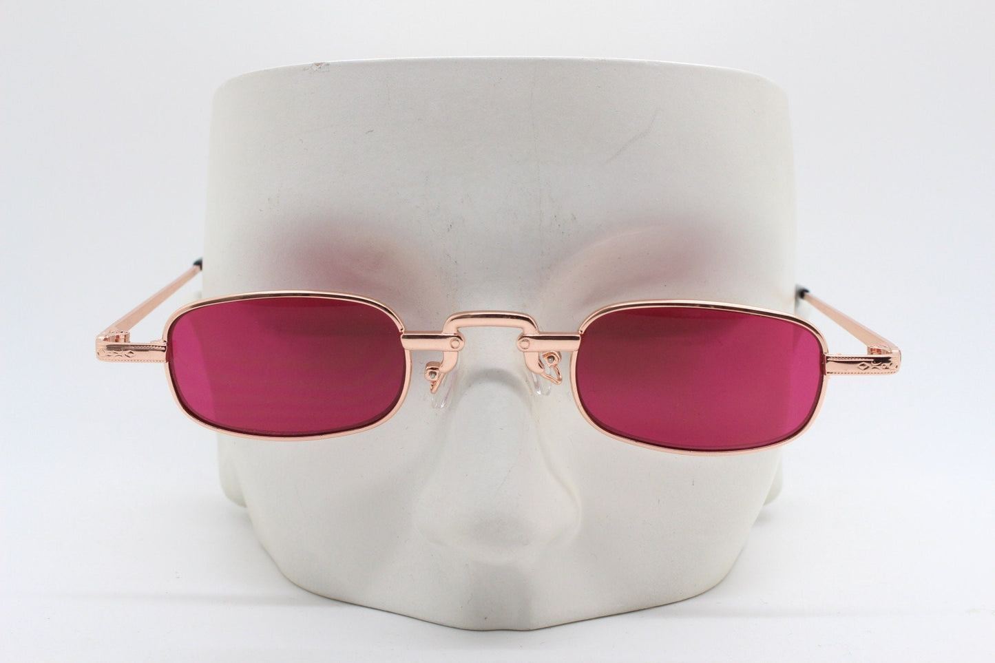 90s vintage small rectangular sunglasses. Imposing minimal gold metal victorian design frame with shocking pink lenses. Unused BNWT