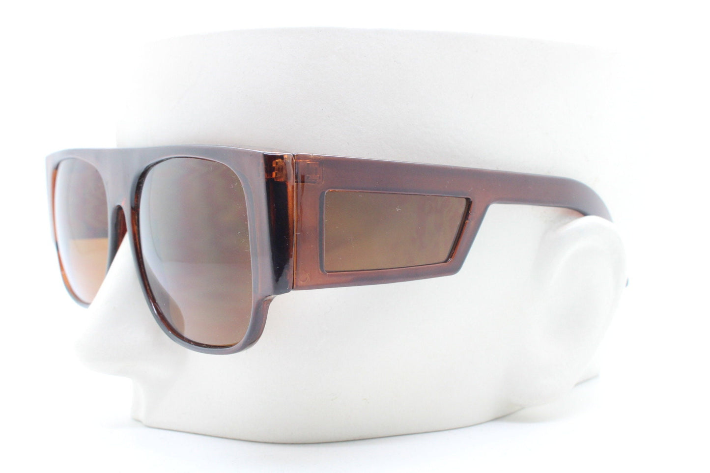 Y2K vintage rectangular side panel sunglasses. Brown transparent frame with matching lens tone blinkers. 2000s NOS unused goggle