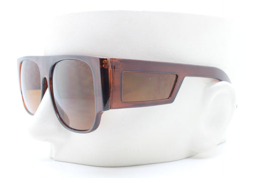 Y2K vintage rectangular side panel sunglasses. Brown transparent frame with matching lens tone blinkers. 2000s NOS unused goggle