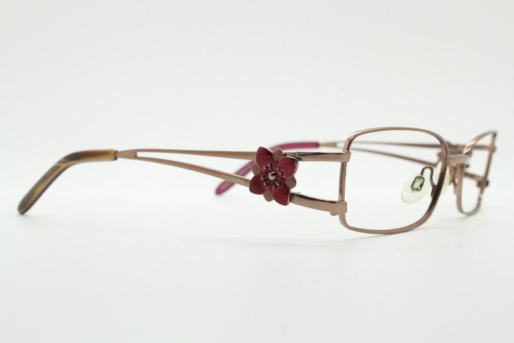 Missoni rectangular low profile eye glasses. Brown chrome optical frames with flower detail. Prescription eyeglasses. RX spectacles