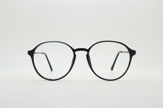 80s vintage black round eye glasses. Slightly oversized slender optical frames. Prescription eyeglasses. RX spectacles. Original NOS
